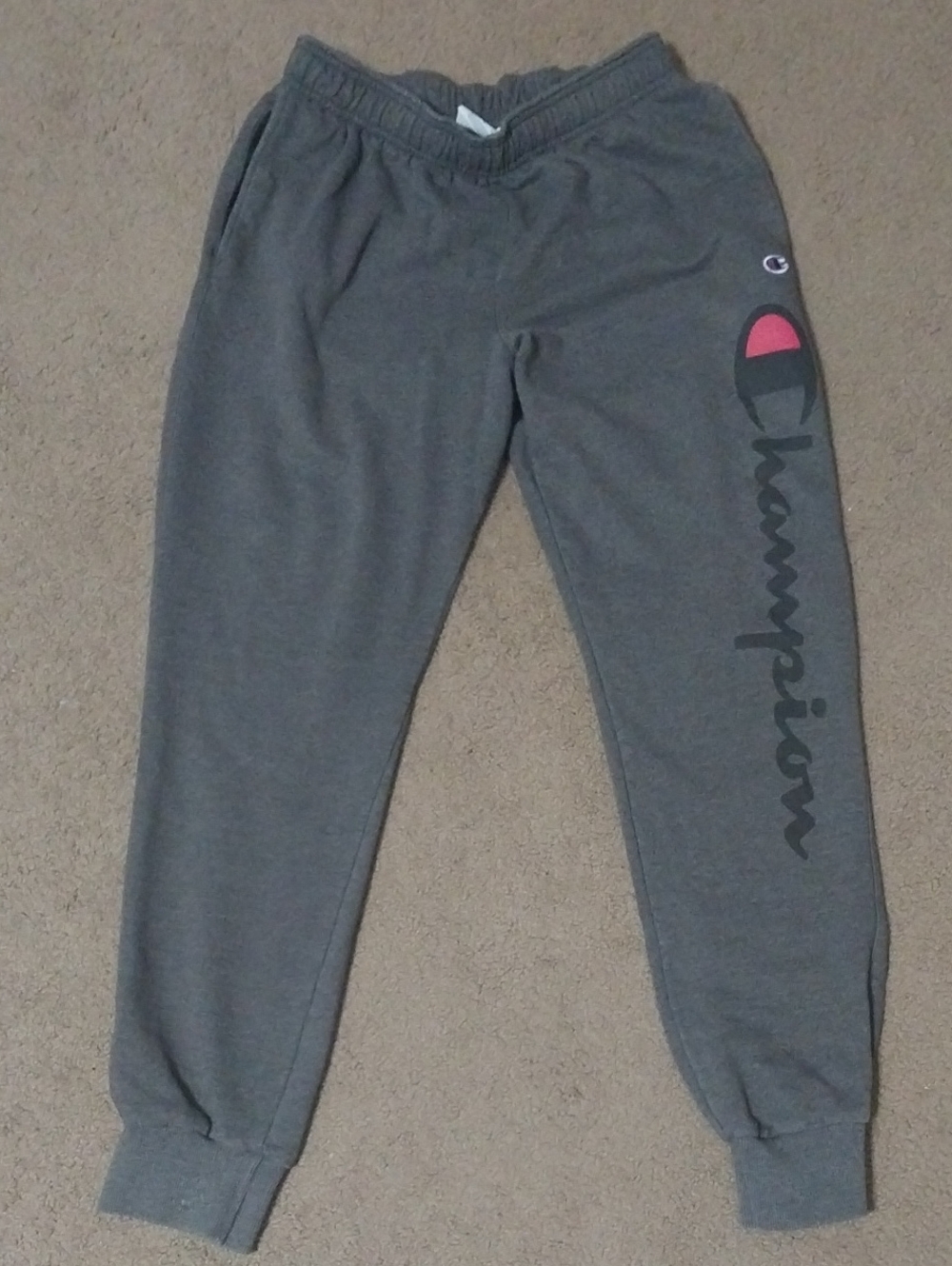 Champion Mens Gray Sweatpants with Black Logo and Pink Accent